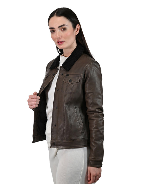 Chamarra Lee Café De Piel Sintética Con Borrega Para Mujer.